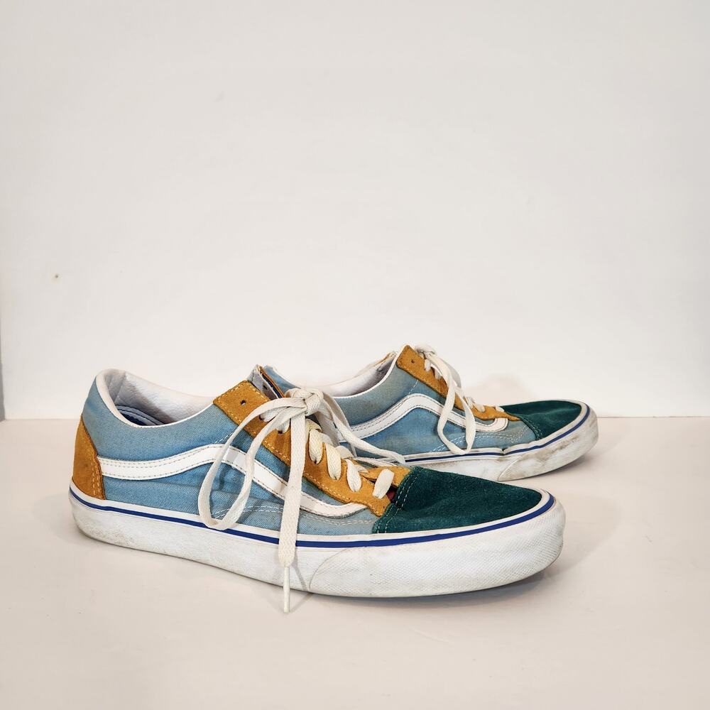 VANS Old Skool Lo Top Multi Blue Green Yellow Suede Canvas Skate Sneaker Mens 11